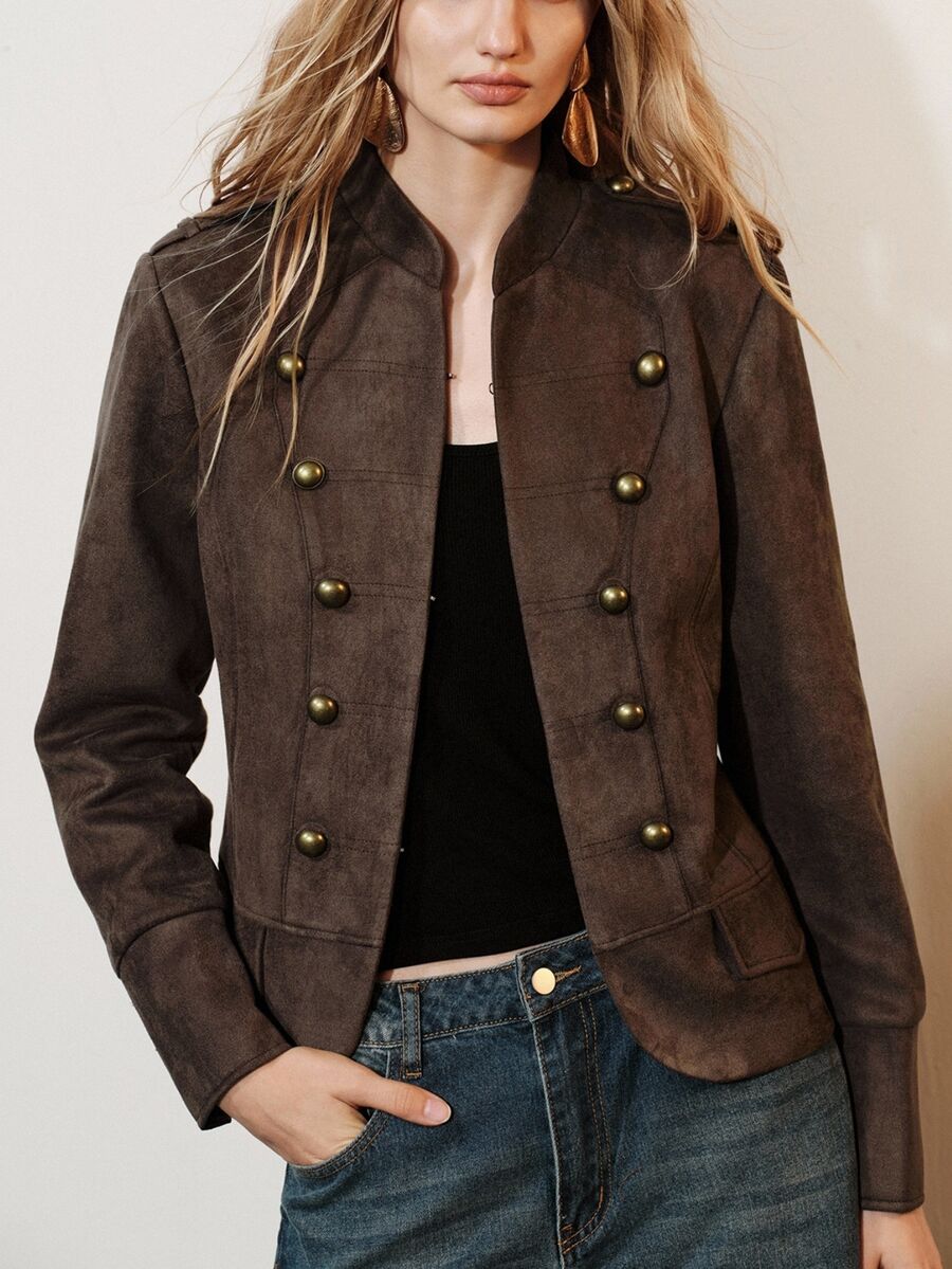 Aveloria Modichic Women's Jacket Slim Cropped Textured Napoleon Double Breasted Button Modern Brown Solid Halloween Costume Napoleon Jacket Women Fall Jacket Halloween - Coffee Brown - View 1