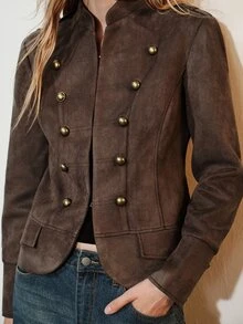 Aveloria Modichic Women's Jacket Slim Cropped Textured Napoleon Double Breasted Button Modern Brown Solid Halloween Costume Napoleon Jacket Women Fall Jacket Halloween - Coffee Brown - View 3