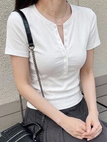 DAZY 女士夏季修身常规肩部短袖休闲T恤 - 白色 - 查看 6