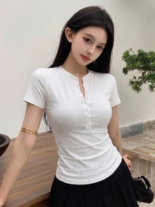 DAZY 女士夏季修身常规肩部短袖休闲T恤 - 白色 - 查看 7