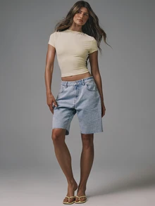 Musera Petite Classic Denim Jorts Basics Autumn Fall Cute Streetwear Going Out Casual Core Denim Spring Summer - Light Wash - View 2