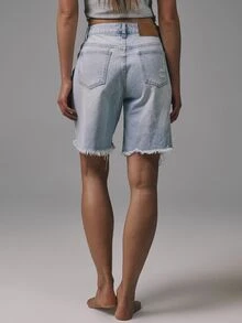 Musera Petite Distressed Hem Logline Denim Shorts Basics Autumn Fall Cute Streetwear Going Out Casual Core Denim Spring Summer - Light Wash - View 5