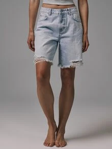 Musera Petite Distressed Hem Logline Denim Shorts Basics Autumn Fall Cute Streetwear Going Out Casual Core Denim Spring Summer - Light Wash - View 3