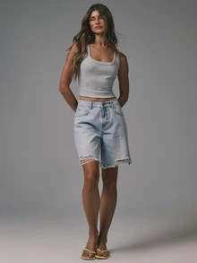 Musera Petite Distressed Hem Logline Denim Shorts Basics Autumn Fall Cute Streetwear Going Out Casual Core Denim Spring Summer - Light Wash - View 2
