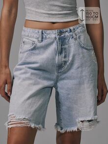 Musera Petite Distressed Hem Logline Denim Shorts Basics Autumn Fall Cute Streetwear Going Out Casual Core Denim Spring Summer - Light Wash - View 1