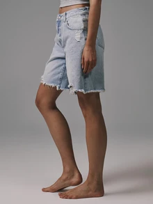 Musera Petite Distressed Hem Logline Denim Shorts Basics Autumn Fall Cute Streetwear Going Out Casual Core Denim Spring Summer - Light Wash - View 4