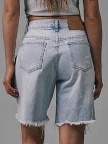 Musera Petite Distressed Hem Logline Denim Shorts Basics Autumn Fall Cute Streetwear Going Out Casual Core Denim Spring Summer - Light Wash - View 6