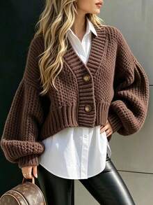 Balvessa Women's Solid Color Casual Versatile Daily Long Sleeve Cardigan - Coffee Brown - View 4