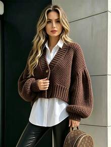 Balvessa Women's Solid Color Casual Versatile Daily Long Sleeve Cardigan - Coffee Brown - View 5