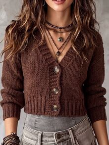 Balvessa Women's Solid Color Casual Versatile Daily Long Sleeve Cardigan - Coffee Brown - View 3