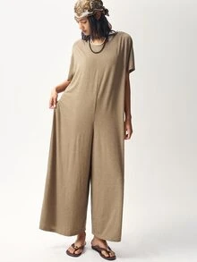 Bohemela Women's Solid Color Casual Daily Wear Jumpsuit - Khaki - View 2