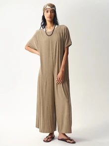 Bohemela Women's Solid Color Casual Daily Wear Jumpsuit - Khaki - View 4