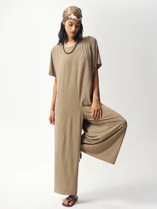 Bohemela Women's Solid Color Casual Daily Wear Jumpsuit - Khaki - View 7