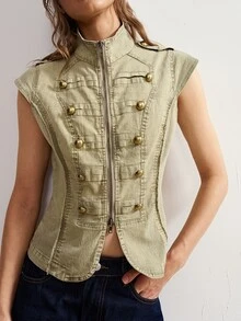 Bohemela Women's Stand Collar Double-Breasted Button Design Zipper Casual Fashion Vest Jacket - Green - View 3