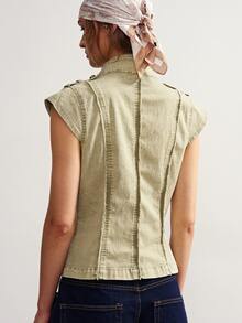 Bohemela Women's Stand Collar Double-Breasted Button Design Zipper Casual Fashion Vest Jacket - Green - View 7