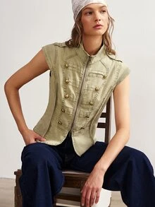 Bohemela Women's Stand Collar Double-Breasted Button Design Zipper Casual Fashion Vest Jacket - Green - View 4