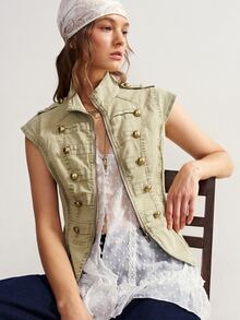 Bohemela Women's Stand Collar Double-Breasted Button Design Zipper Casual Fashion Vest Jacket - Green - View 2