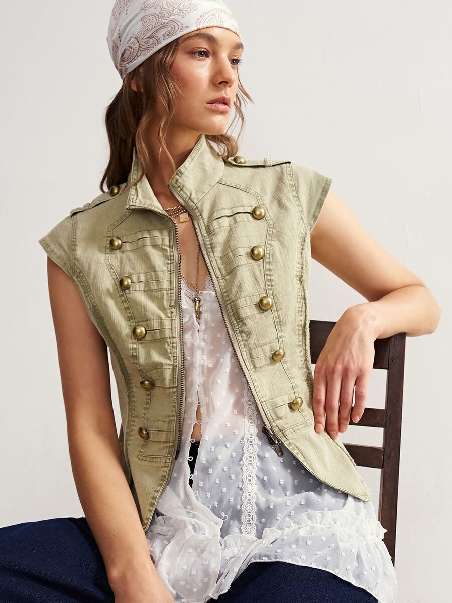 Bohemela Women's Stand Collar Double-Breasted Button Design Zipper Casual Fashion Vest Jacket - Green - View 1