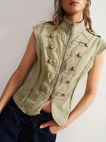 Bohemela Women's Stand Collar Double-Breasted Button Design Zipper Casual Fashion Vest Jacket - Green - View 6