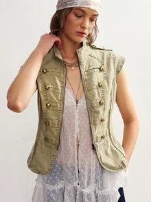 Bohemela Women's Stand Collar Double-Breasted Button Design Zipper Casual Fashion Vest Jacket - Green - View 5