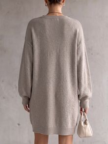 LUMIGAL Women's Solid Color Contrast Lace V-Neck Drop Shoulder Long Sleeve Knit Dress - Champagne - View 3
