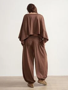 Bohemela Women's Solid Color Asymmetrical Shoulder Batwing Sleeve Top And Lantern Pants Casual 2 Pieces Set Lounge Shades Of Brown Autumn - Coffee Brown - View 2