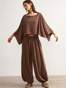 Bohemela Women's Solid Color Asymmetrical Shoulder Batwing Sleeve Top And Lantern Pants Casual 2 Pieces Set Lounge Shades Of Brown Autumn - Coffee Brown - View 3