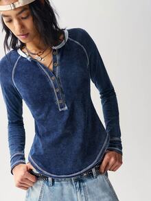 Bohemela Women's Button Half-Placket Fashion Casual Long Sleeve T-Shirt Everyday Light Blue Autumn - Navy Blue - View 1