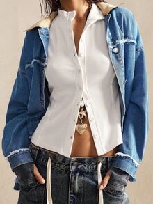 Bohemela Casual Basic Woven Printed Denim Loose Fit Regular Jacket For Women Everyday Travel White Autumn - Blue - View 6
