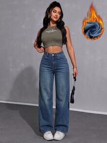 Jeanoix 女款街頭風鈕扣口袋寬鬆牛仔長褲 - 深色水洗藍 - 查看 1