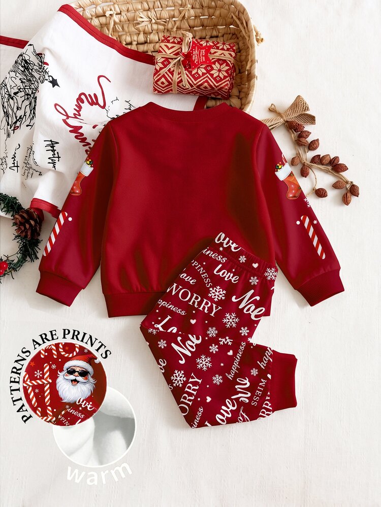 Baby Boys Christmas Santa Clause Candy Cane Crewneck Fleece Sweatshirt And Letter Print Pants Set - Multicolor - View 2