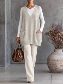 SHEIN LUNE Women's Solid Color Casual Versatile Everyday Knit Top - Grey - View 1