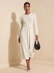 SHEIN Veneréa Gaun Rajut Wanita Elegan Warna Polos dengan Kancing Depan, Musim Gugur/Dingin - Putih - View 5