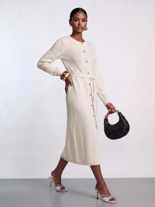 SHEIN Veneréa Gaun Rajut Wanita Elegan Warna Polos dengan Kancing Depan, Musim Gugur/Dingin - Putih - View 6