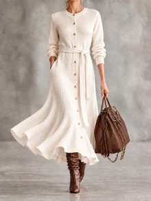SHEIN Veneréa Gaun Rajut Wanita Elegan Warna Polos dengan Kancing Depan, Musim Gugur/Dingin - Putih - View 1