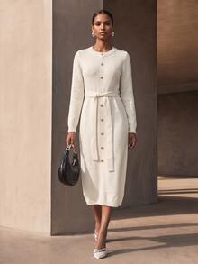 SHEIN Veneréa Gaun Rajut Wanita Elegan Warna Polos dengan Kancing Depan, Musim Gugur/Dingin - Putih - View 4