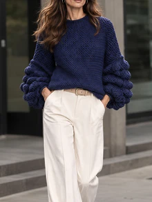 Balvessa Sweater Kasual Wanita Warna Polos, Musim Gugur/Dingin - Navy Blue - View 9