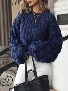 Balvessa Sweater Kasual Wanita Warna Polos, Musim Gugur/Dingin - Navy Blue - View 4