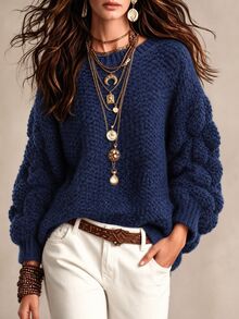 Balvessa Sweater Kasual Wanita Warna Polos, Musim Gugur/Dingin - Navy Blue - View 8
