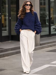 Balvessa Sweater Kasual Wanita Warna Polos, Musim Gugur/Dingin - Navy Blue - View 2