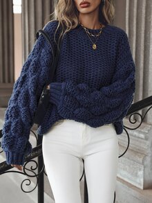 Balvessa Sweater Kasual Wanita Warna Polos, Musim Gugur/Dingin - Navy Blue - View 7