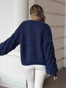 Balvessa Sweater Kasual Wanita Warna Polos, Musim Gugur/Dingin - Navy Blue - View 3