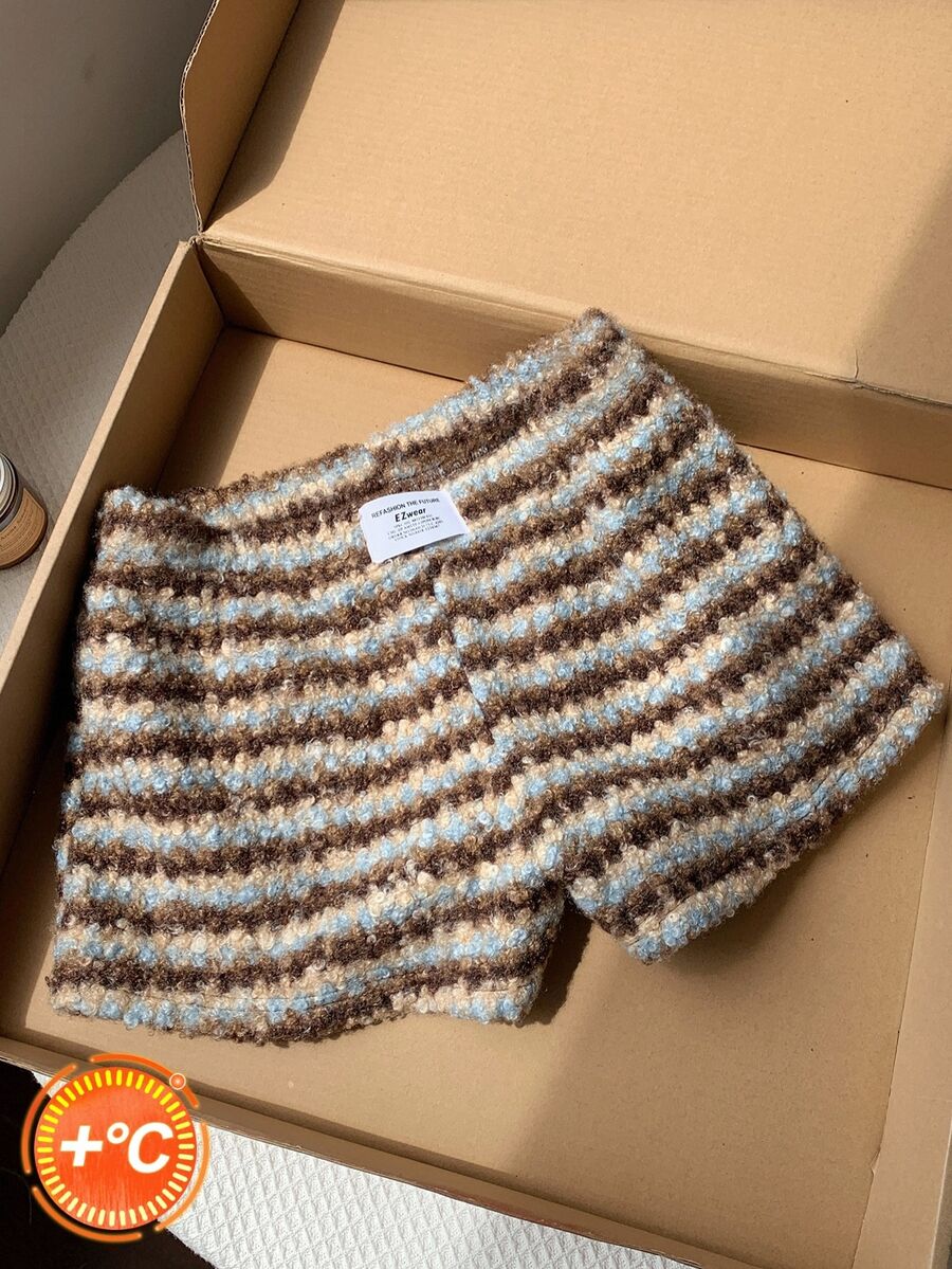 Comfortcana Winter Preppy Teddy Fleece Striped Shorts For Daily Loungewear High Waist - Brown - View 1