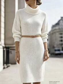 Balvessa Women's Solid Color High Neck Casual Daily Knit Dress - White - View 5