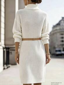 Balvessa Women's Solid Color High Neck Casual Daily Knit Dress - White - View 3