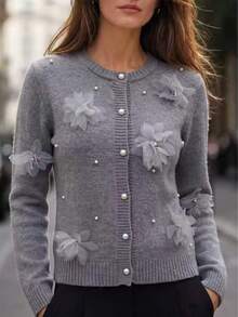 Balvessa Women's Elegant Beaded 3D Floral Decor Cardigan, Autumn/Winter - Dark Grey - View 4