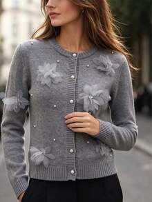 Balvessa Women's Elegant Beaded 3D Floral Decor Cardigan, Autumn/Winter - Dark Grey - View 7