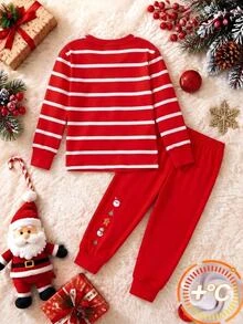 SHEIN Kids Young Boy Christmas Pattern Casual Minimalist Snug Fit Comfortable Thick Long Sleeve Crew Neck Pants Loungewear Suitable For Autumn/Winter - Red and White - View 2