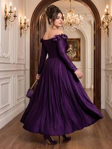Roveilla Gaun Pesta Elegan Ukuran Plus Model Terbaru dengan Hiasan Renda, Leher V, dan Ruffle, Warna Hitam Model Duyung, Lengan Panjang, Model Duyung. - Purple - View 2
