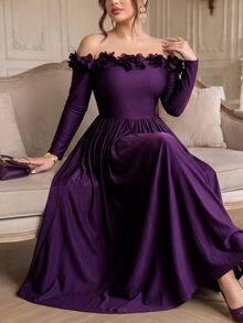 Roveilla Gaun Pesta Elegan Ukuran Plus Model Terbaru dengan Hiasan Renda, Leher V, dan Ruffle, Warna Hitam Model Duyung, Lengan Panjang, Model Duyung. - Purple - View 3